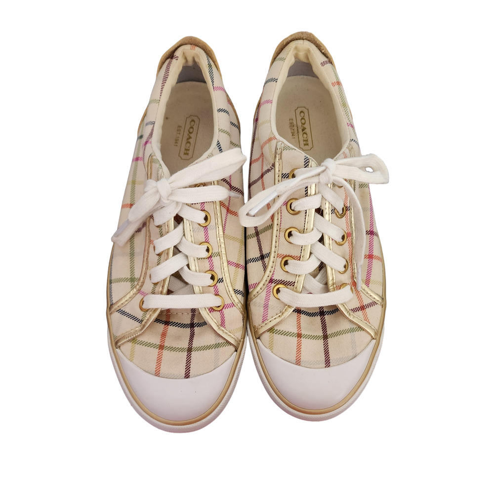 Coach Barrett 7.5 B fashion sneaker plaid tennis shoe canvas and leather